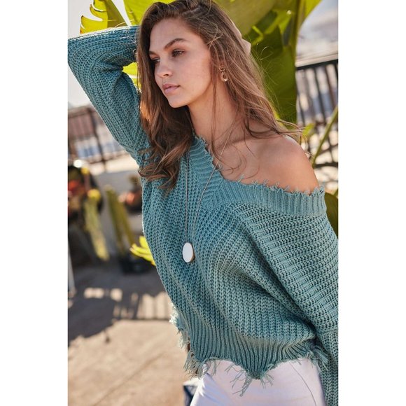 Main Strip Frayed V-Neck Sweater, Mineral Blue - Picture 2 of 7